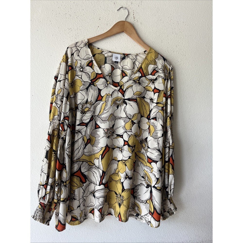CAbi Sequel Provider Tropical Top #3954 Floral Print Smocked Sleeves XXL yellow
